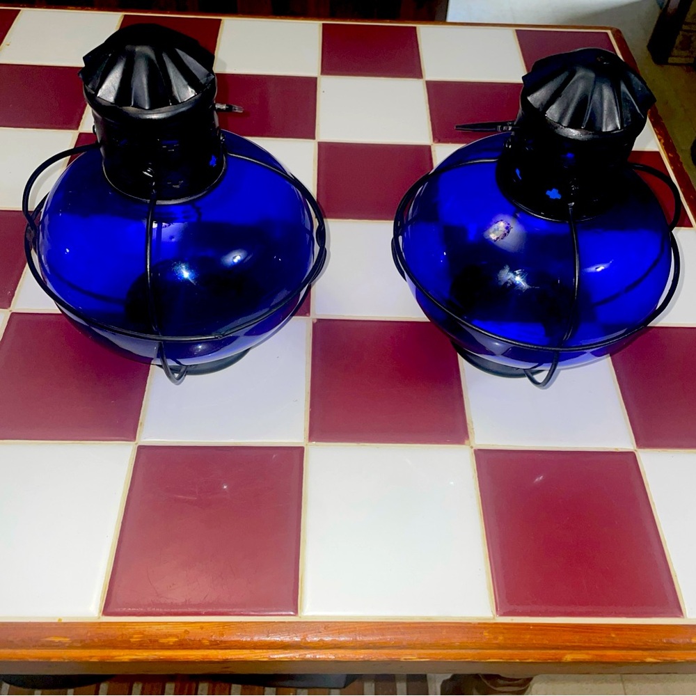 Pair of Vibrant Blue Glass Lanterns